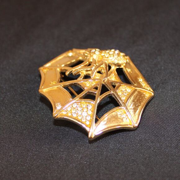 2" Gold Spider & Web Brooch/Pin with faux diamonds - Picture 4 of 8